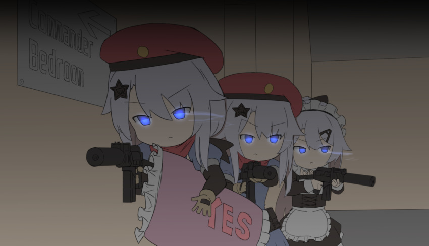 3girls, 9a-91, 9a-91_(girls'_frontline), arrow_(symbol), beret, blue_eyes, clone, commentary_request