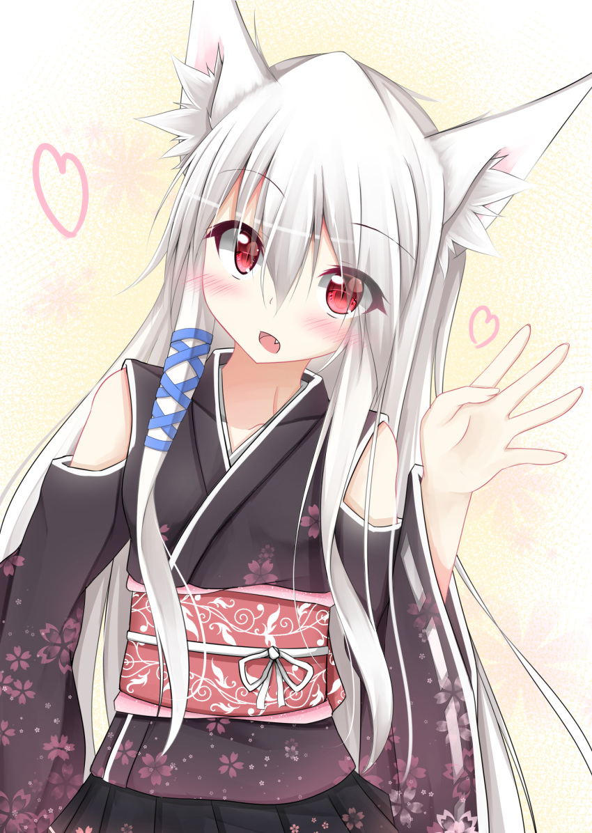 1girl, animal_ears, bare_shoulders, blush, detached_sleeves, eyebrows_visible_through_hair, fang, floral_print