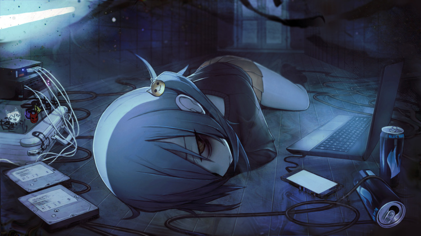 1girl, bangs, black_shirt, blue_hair, cat_hair_ornament, cellphone, computer, depressed, door, energy_drink, expressionless, hair_ornament, half-closed_eyes, highres, inside, laptop, light, lying, on_ground, on_stomach, original, pale_skin, phone, ro47, scenery, shirt, skirt, smartphone, wire, yellow_skirt