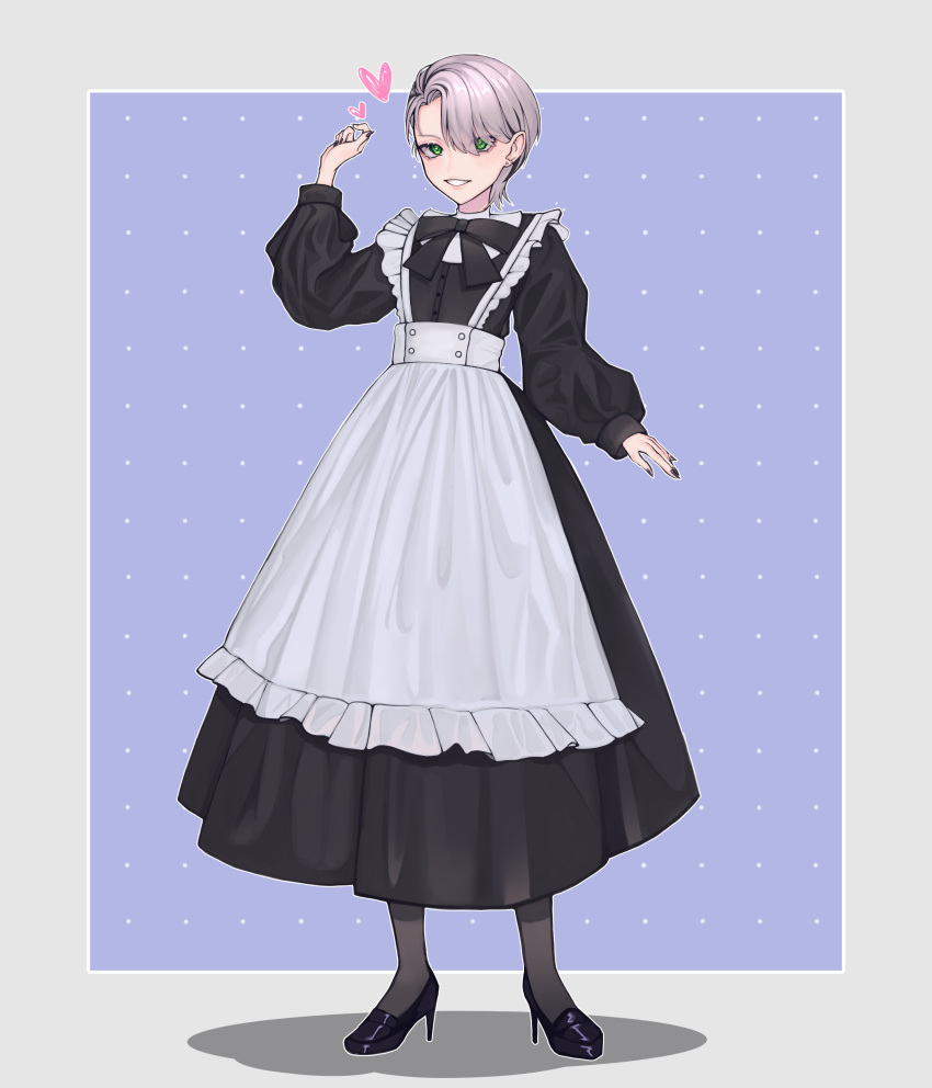 1boy, absurdres, apron, black_bow, black_dress, black_footwear, black_nails, blue_background