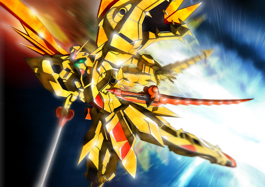 gundam, highres, mecha, motion_blur, sd_gundam, solo, superior_dragon, sword