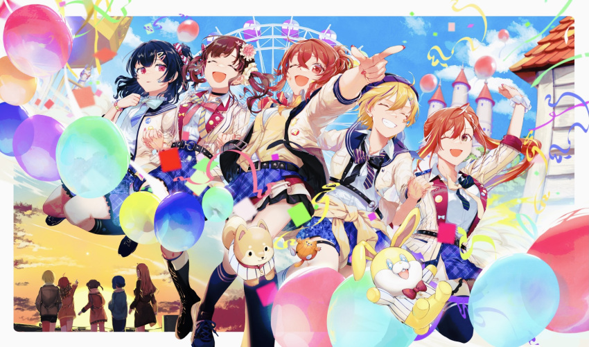 5girls, ;d, ^_^, ^o^, amusement_park, arisugawa_natsuha, balloon, blue_sky