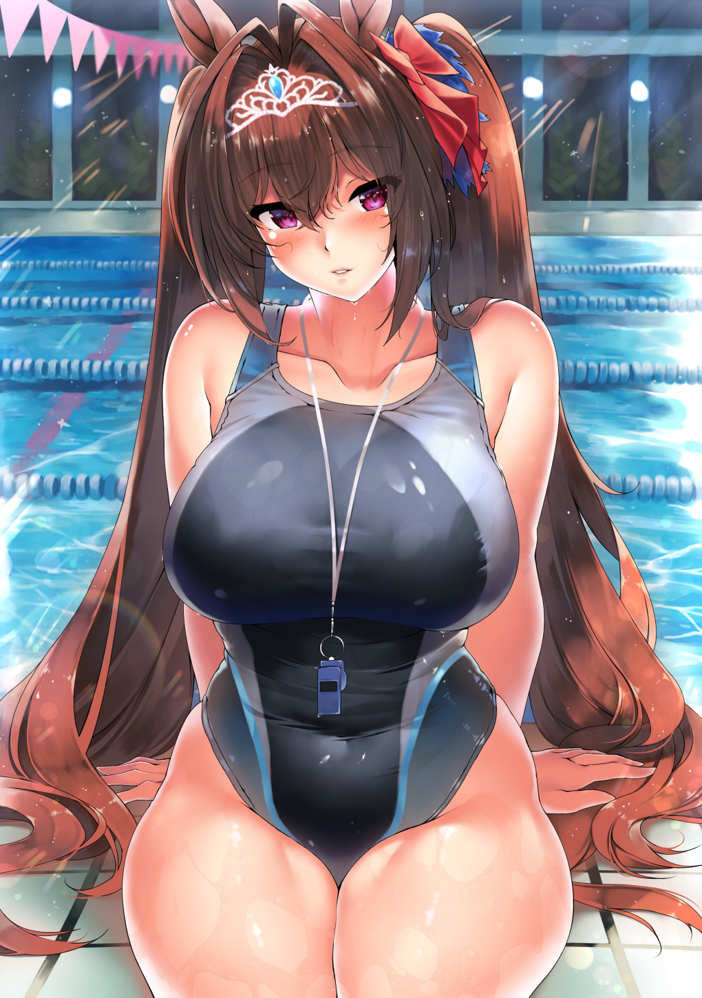1girl, animal_ears, bangs, bare_shoulders, black_swimsuit, blush, bow, breasts