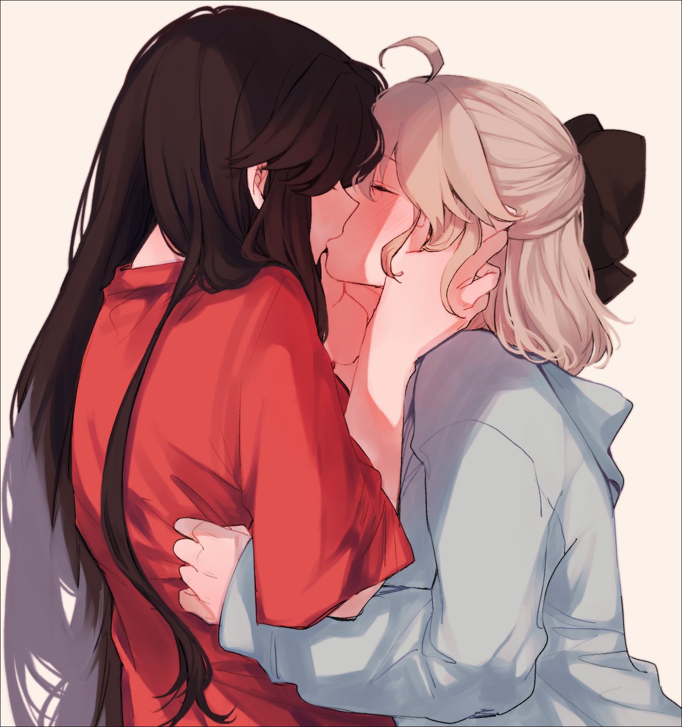 2girls, ahoge, amane_(7783), black_hair, bow, closed_eyes, commentary_request, fate/grand_order