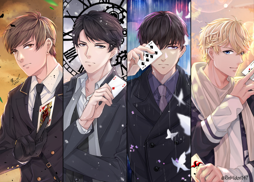 4boys, ace_of_diamonds, bai_qi_(love_and_producer), black_gloves, black_hair, black_necktie, black_suit, blonde_hair