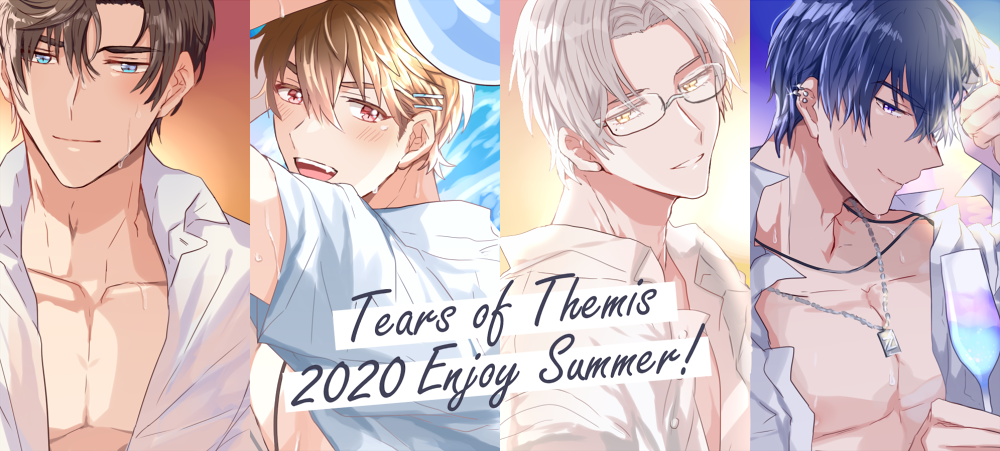 4boys, :d, artem_wing_(tears_of_themis), bangs, blue_eyes, brown_eyes, brown_hair, closed_mouth