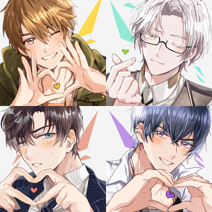 4boys, artem_wing_(tears_of_themis), bangs, black_jacket, black_necktie, black_shirt, blue_eyes, brown_eyes