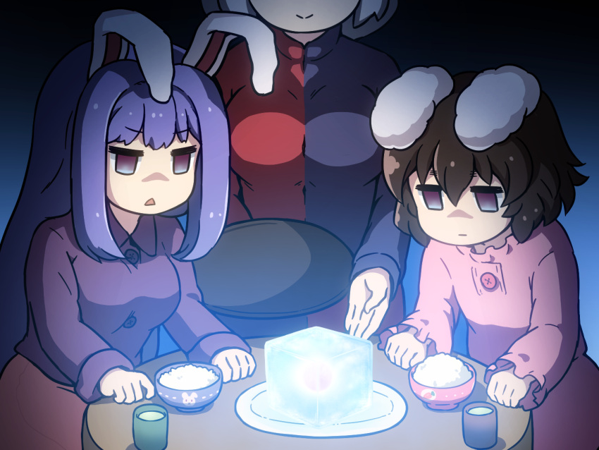 3girls, :|, animal_ears, black_hair, bowl, breasts, buttons, cherenkov_radiation