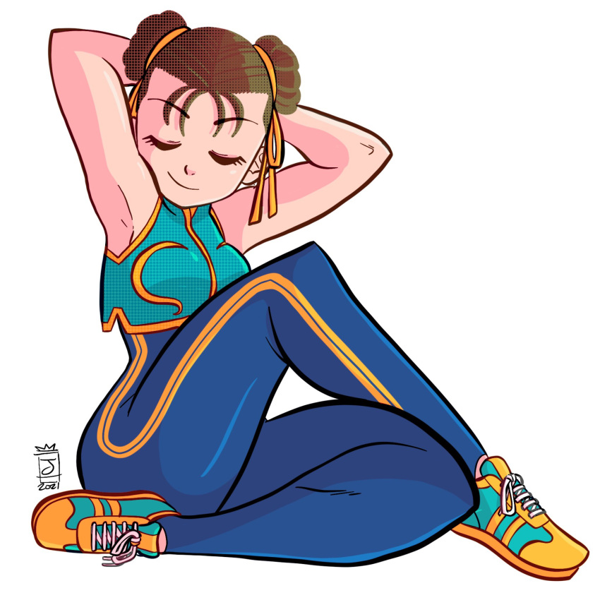 1girl, bodysuit, breasts, brown_hair, chun-li, closed_eyes, closed_mouth, crossed_legs, dated, double_bun, eyebrows_visible_through_hair, full_body, highres, jaliet_exe, on_floor, signature, sitting, smile, solo, street_fighter, street_fighter_zero_(series), unitard, vest