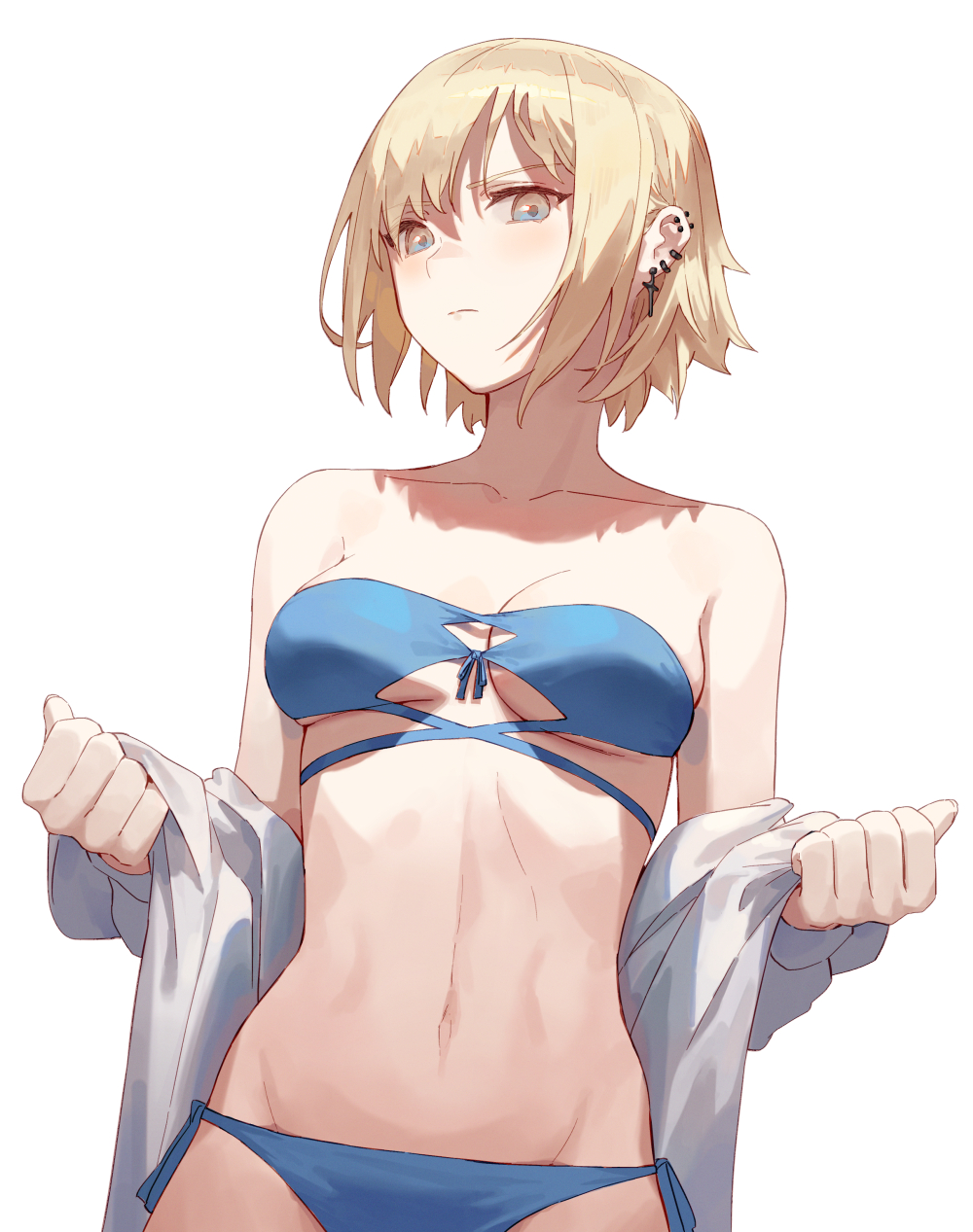 1girl, bikini, blonde_hair, blue_bikini, collarbone, copyright_request, cross, cross_earrings