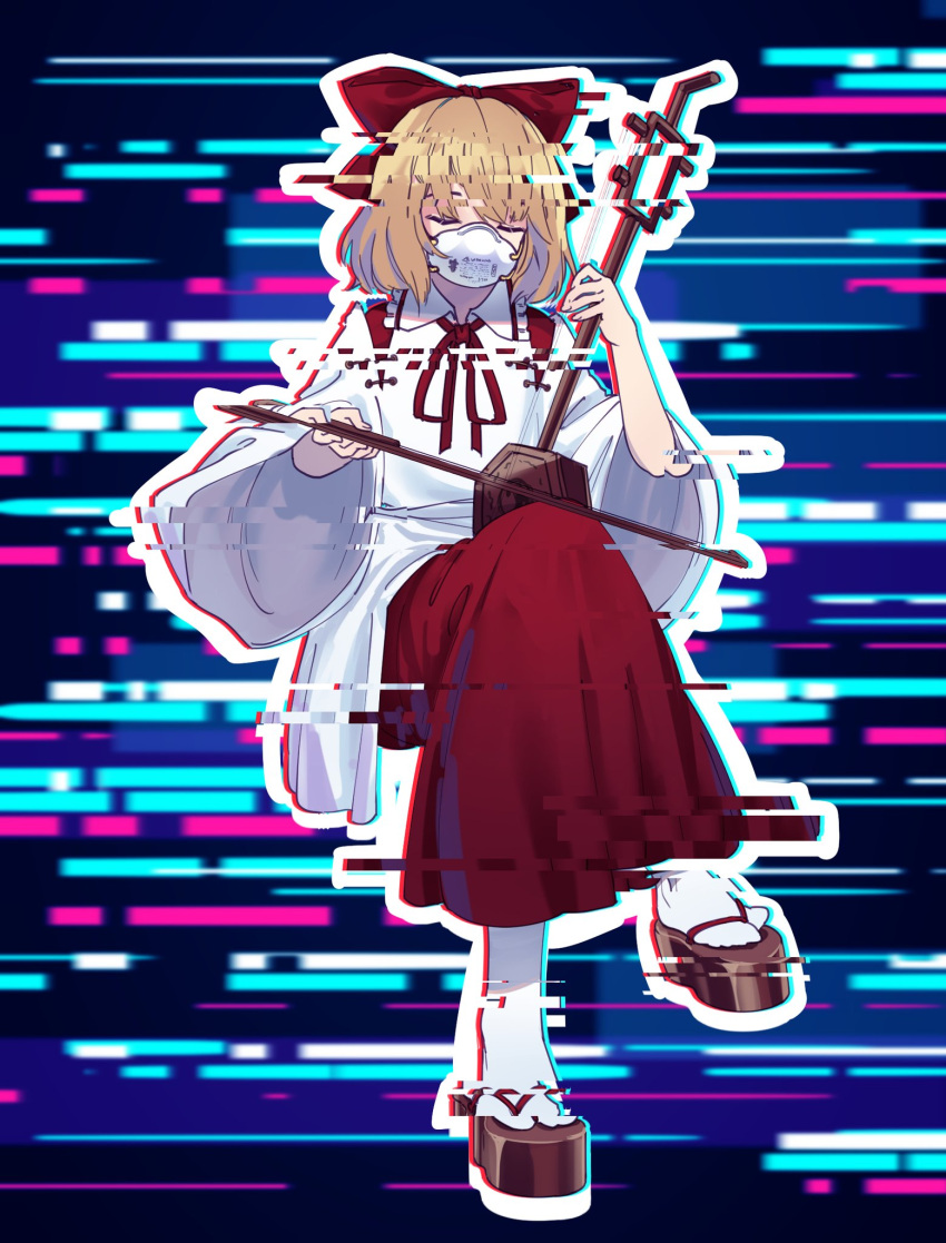 1girl, blonde_hair, chromatic_aberration, erhu, geta, highres, japanese_clothes, miko, satsuki_rin, skirt, touhou, yoruny