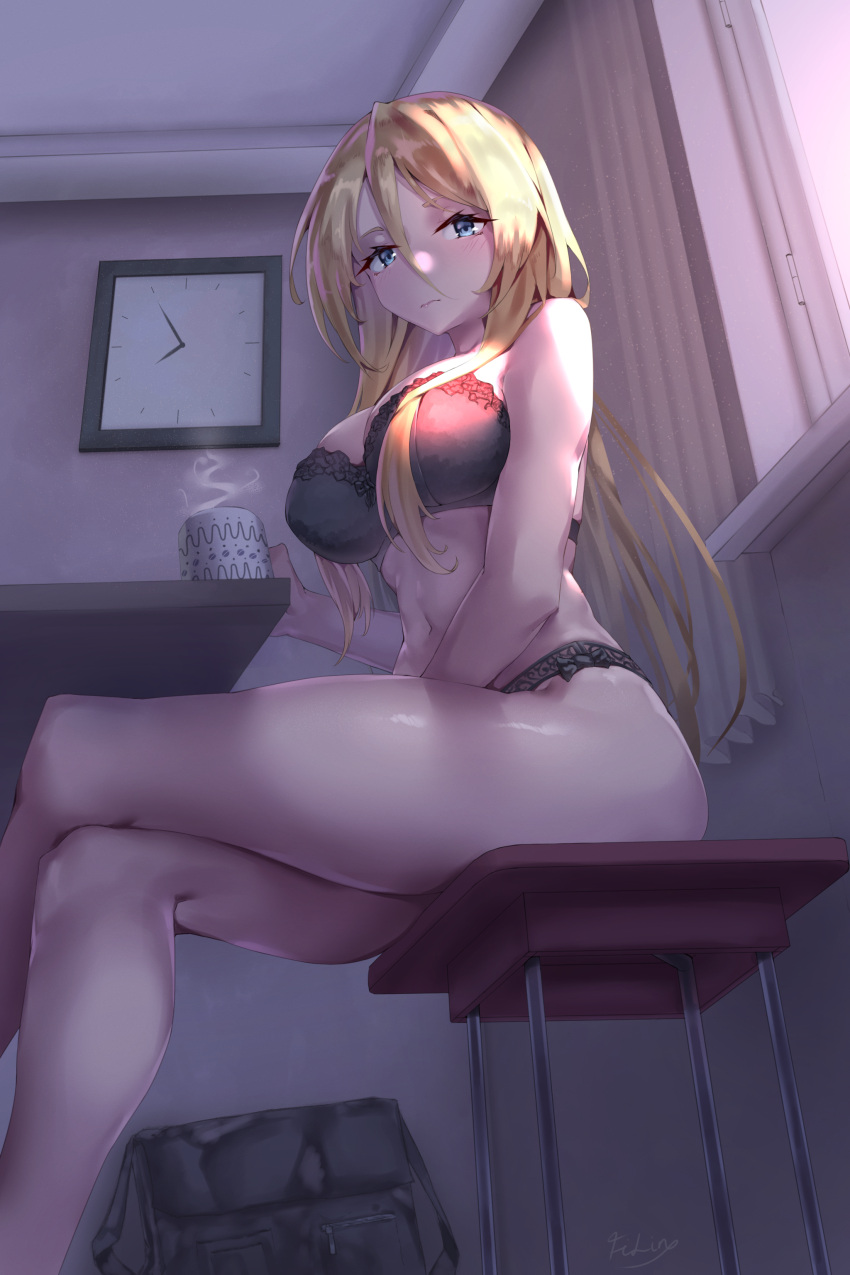 1girl, absurdres, analog_clock, azur_lane, bare_legs, bismarck_(azur_lane), black_bag, black_bra