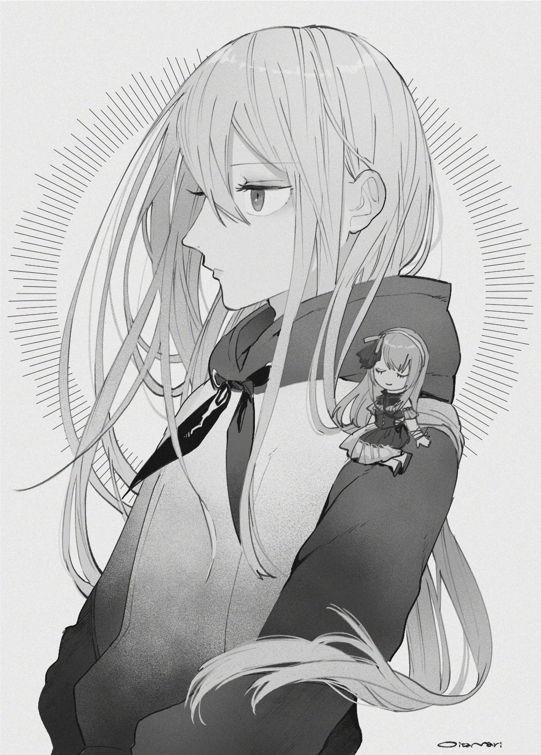 chibi, closed_eyes, from_side, greyscale, highres, hood, hoodie, long_hair
