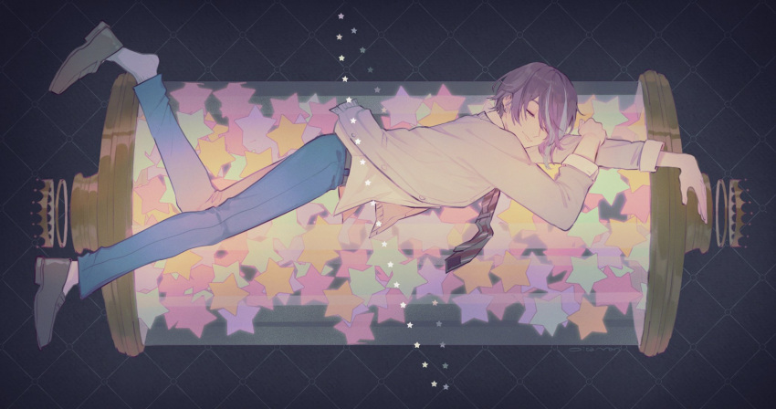 1boy, bottle, closed_eyes, floating, hand_on_own_arm, highres, kamishiro_rui, male_focus