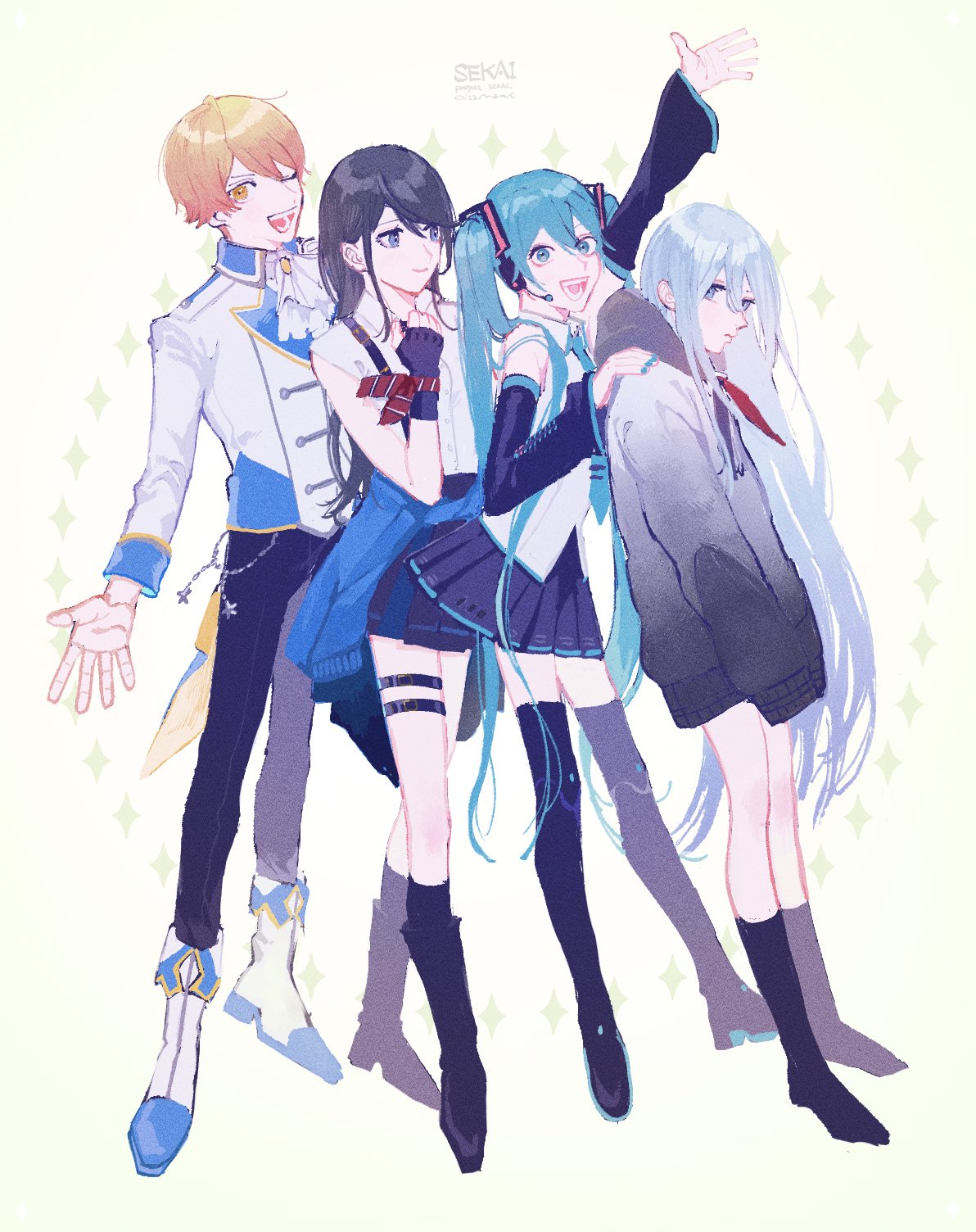:d, ;d, aqua_hair, arm_up, black_hair, blonde_hair, detached_sleeves, fingerless_gloves
