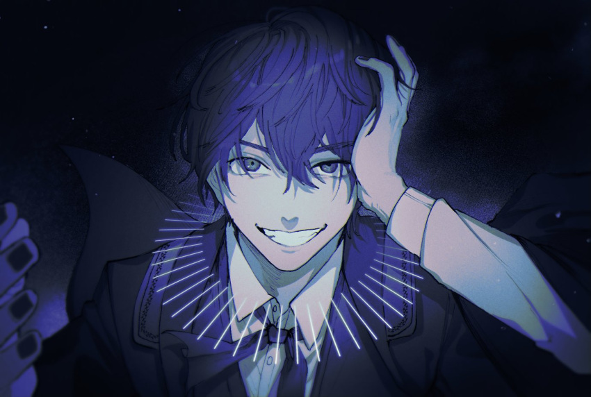 1boy, akutoku_no_judgement_(vocaloid), blue_eyes, blue_hair, dark, evil_grin, evil_smile, evillious_nendaiki