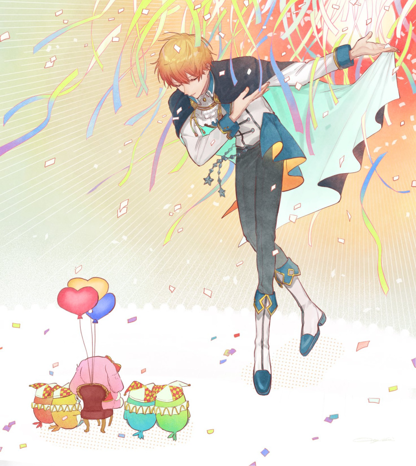 1boy, balloon, black_pants, bowing, cape, confetti, highres, idol
