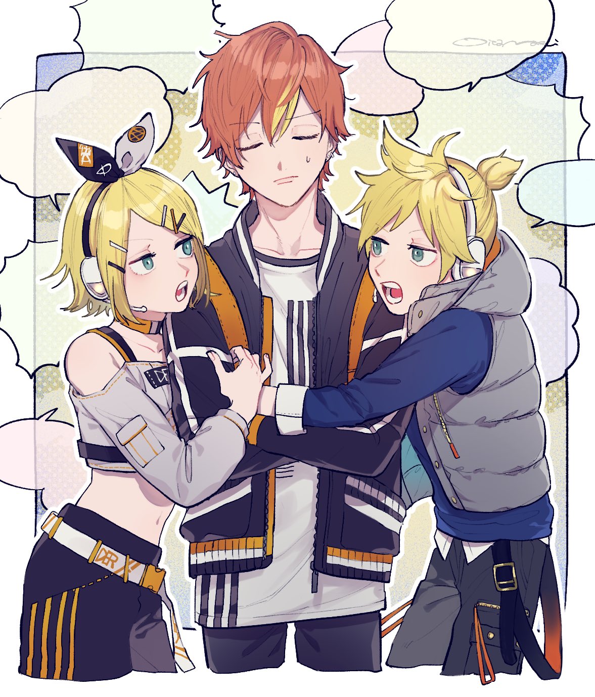 arguing, blank_speech_bubble, blonde_hair, bow, green_eyes, hair_bow, hair_ornament, hairclip