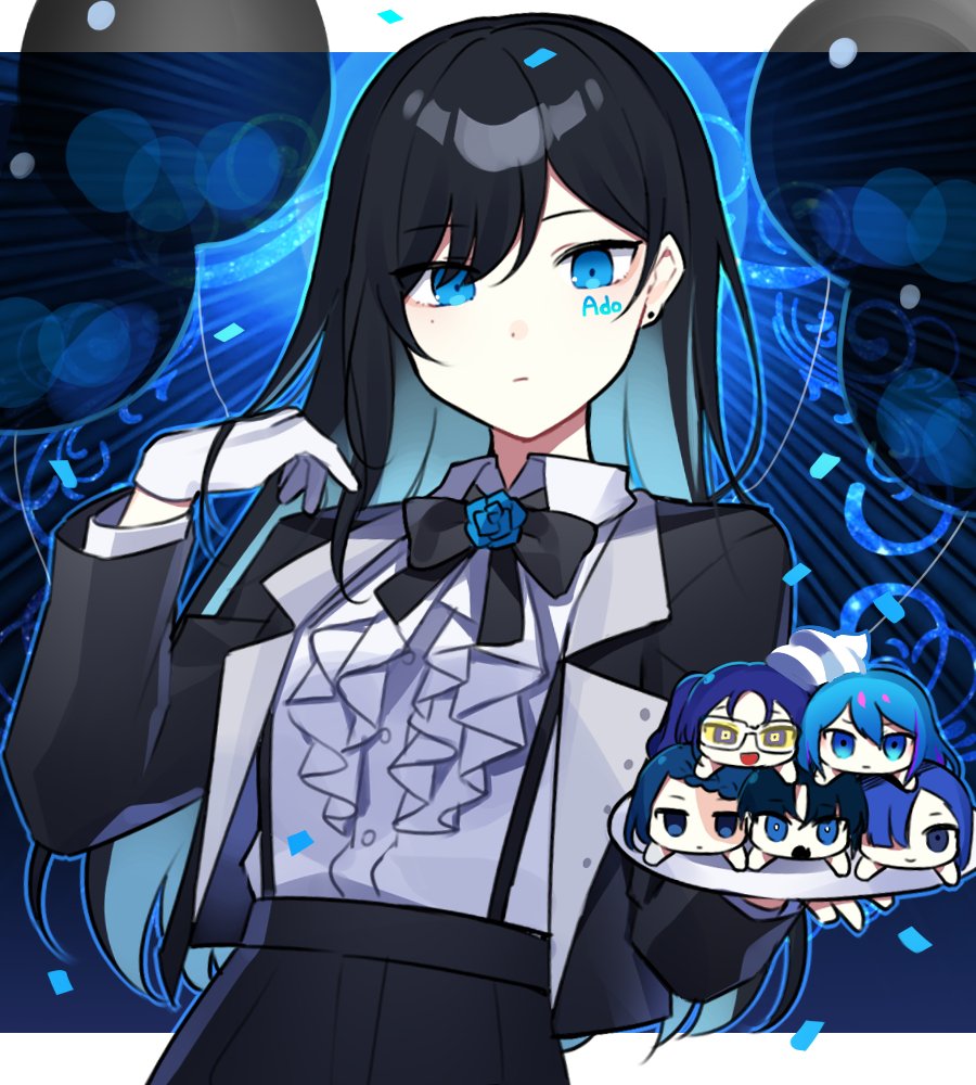 1girl, ado_(singer), balloon, bangs, black_bow, black_bowtie, black_gloves, black_hair, black_jacket, black_shorts, blue_background, blue_flower, blue_hair, blue_rose, bow, bowtie, center_frills, character_doll, character_name, collared_shirt, colored_inner_hair, ear_piercing, enskkt, expressionless, flower, frills, gira_gira, gloves, happy_birthday, high-waist_shorts, holding, holding_plate, jacket, long_hair, long_sleeves, looking_at_viewer, multicolored_hair, neck_flower, niconico, odo_(song), piercing, plate, readymade, rose, shirt, shorts, solo, stuffed_toy, upper_body, usseewa, utaite_(singer), white_shirt, wing_collar, yoru_no_pierrot