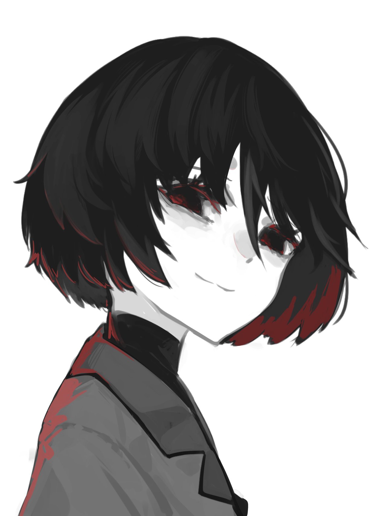 :3, bangs, black_eyes, black_undershirt, bob_cut, colored_inner_hair, from_below, hair_between_eyes, highres, looking_at_viewer, looking_down, looking_to_the_side, messy_hair, monogatari_(series), multicolored_hair, oshino_ougi, pale_skin, portrait, red_eyes, school_uniform, short_hair, simple_background, smile, spot_color, turtleneck, underlighting, white_background, yamada_maya_(yamdmay)