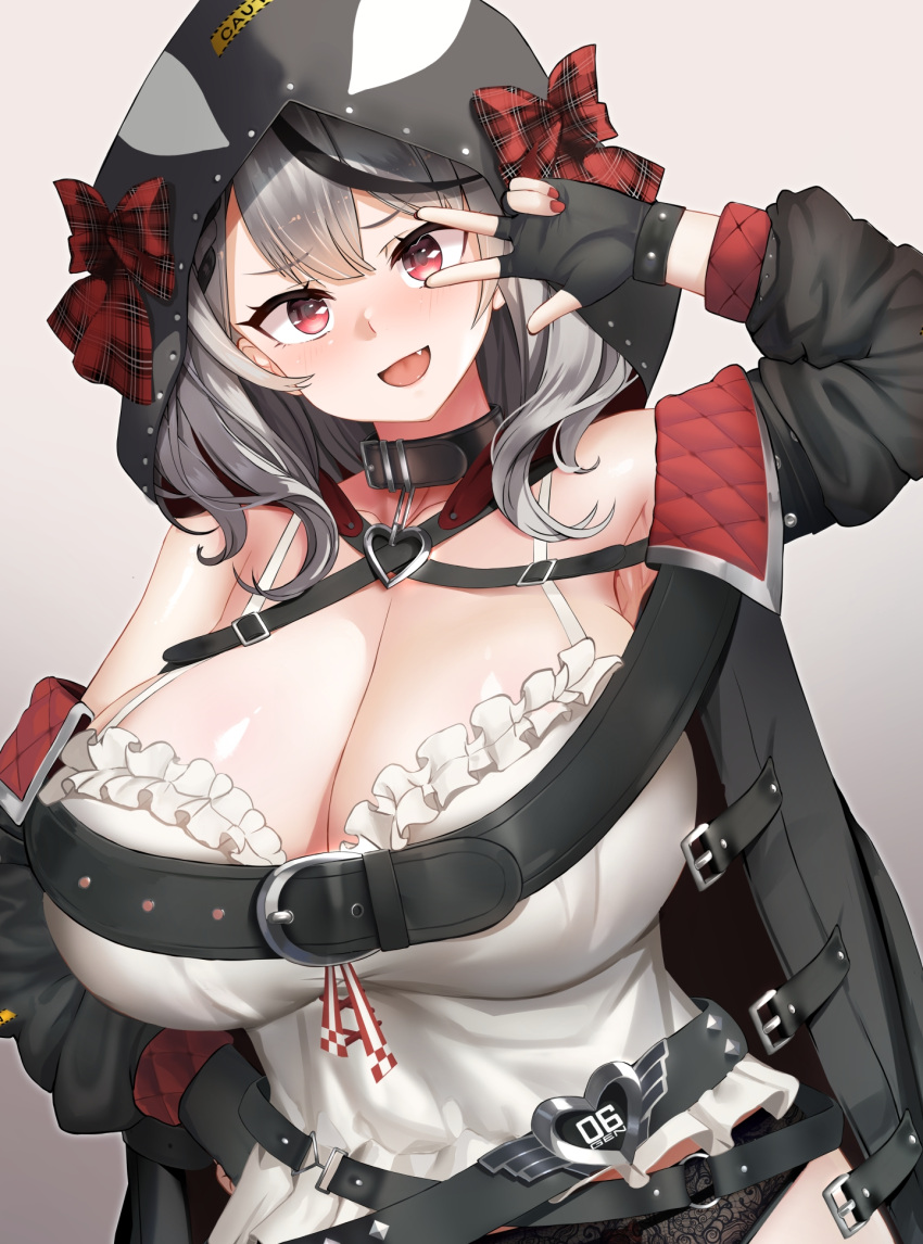 1girl, :d, alternate_breast_size, arm_up, armpit_peek, bangs, bare_shoulders, belt