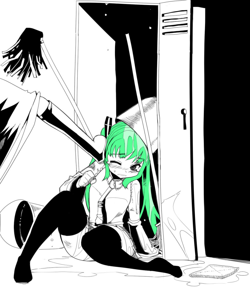 green_hair, hatsune_miku, highres, long_hair, megurine_luka, monochrome, mop, niyaururu