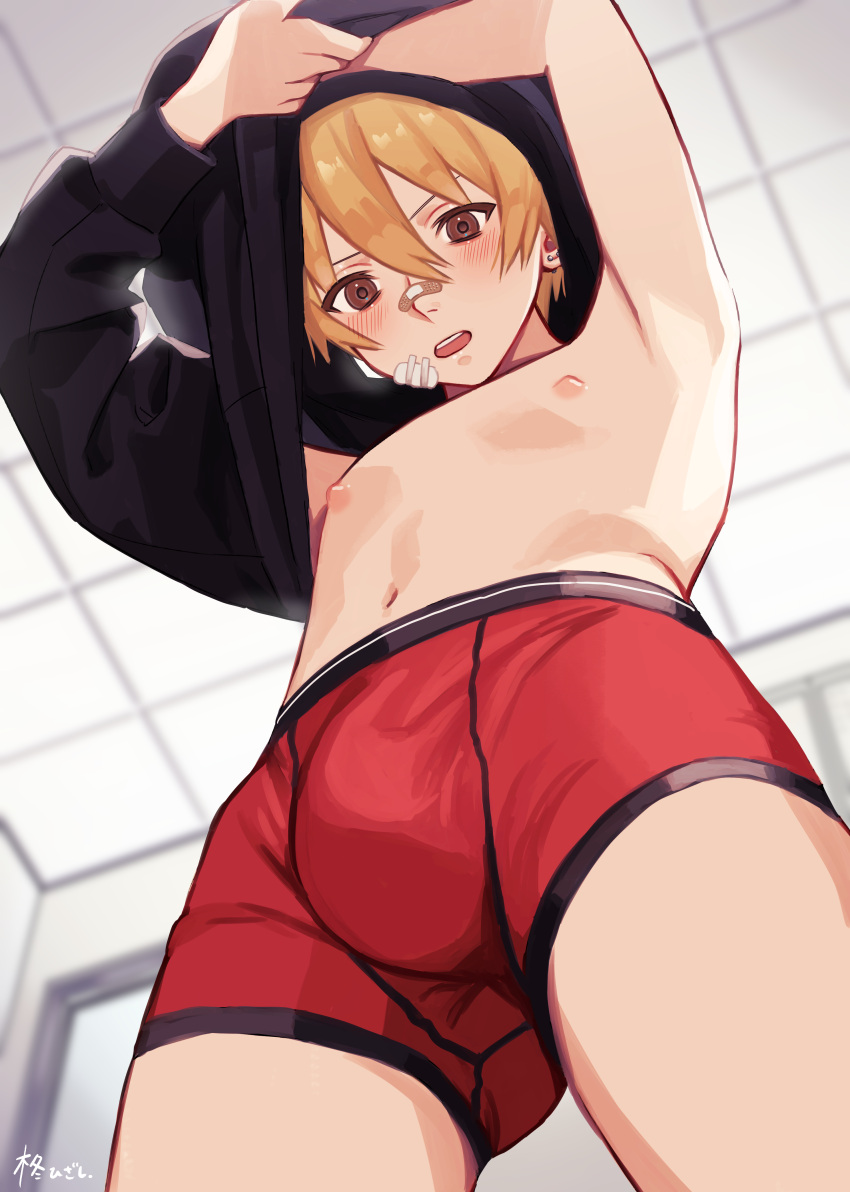 1boy, absurdres, arms_up, ass_visible_through_thighs, bandaid, bandaid_on_nose, bangs, black_shirt, blurry, blush, boxer_briefs, brown_eyes, bulge, ceiling, clothes_lift, cowboy_shot, depth_of_field, earrings, foreshortening, from_below, hair_between_eyes, highres, hiiragi_hizasi, indoors, jewelry, looking_at_viewer, male_focus, male_underwear, navel, nipples, open_mouth, orange_hair, original, red_male_underwear, shirt, shirt_lift, short_hair, signature, solo, standing, stud_earrings, sweatshirt, tile_ceiling, tiles, underwear, undressing