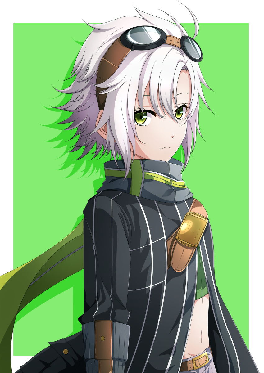 >:(, 1girl, absurdres, artist_request, belly, belt, black_jacket, eiyuu_densetsu