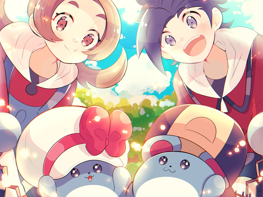 1boy, 1girl, :3, :d, baseball_cap, blue_overalls, blush, bow