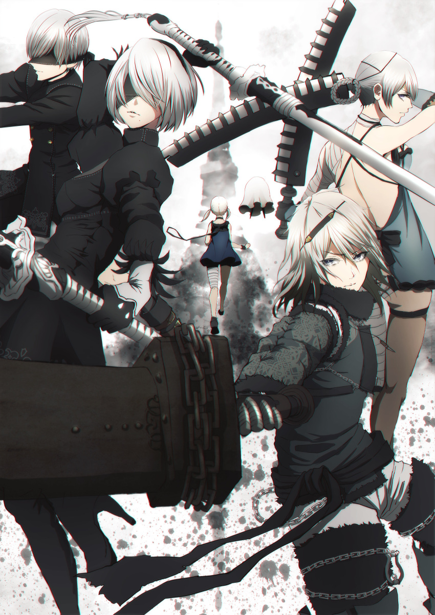 absurdres, bandaged_arm, bandaged_leg, bandages, blindfold, breasts, closed_mouth, dress, fio_(nier), gloves, highres, kaine_(nier), long_hair, looking_at_viewer, mama_(nier), medium_hair, multiple_boys, multiple_girls, nier, nier_(series), nier_(young), nier_automata, nier_reincarnation, short_hair, silver_hair, sword, weapon, white_hair, yorha_no._2_type_b, yorha_no._9_type_s, zerusu_(gelus)