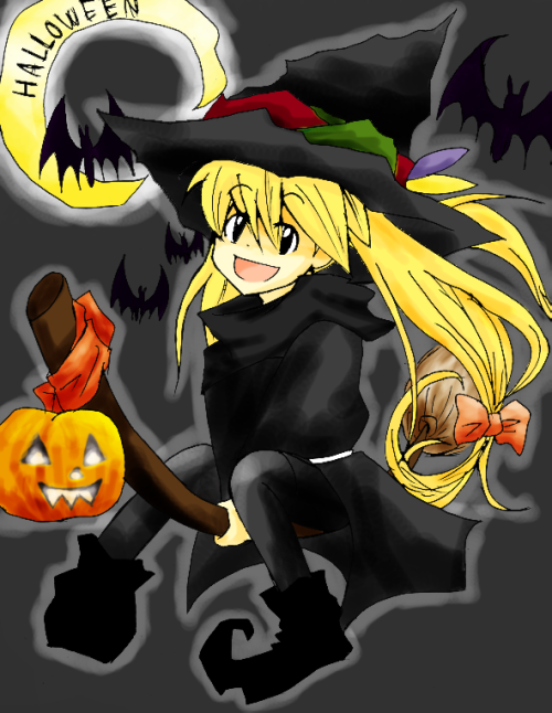 bad_id, bat, black_eyes, blonde_hair, broom, hair_ribbon, halloween, hat, pumpkin, ribbon, witch, witch's_hat, yellow_(pokemon)