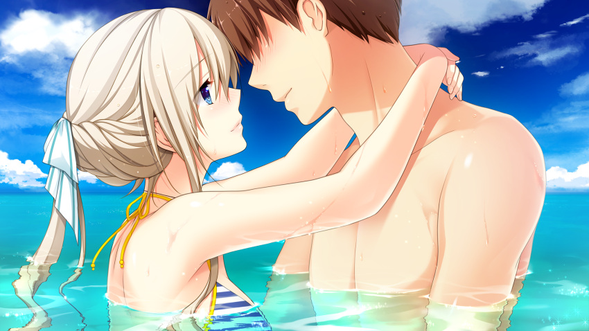 1boy, 1girl, arms_around_neck, bangs, bikini, bikini_top, blue_eyes, blue_sky