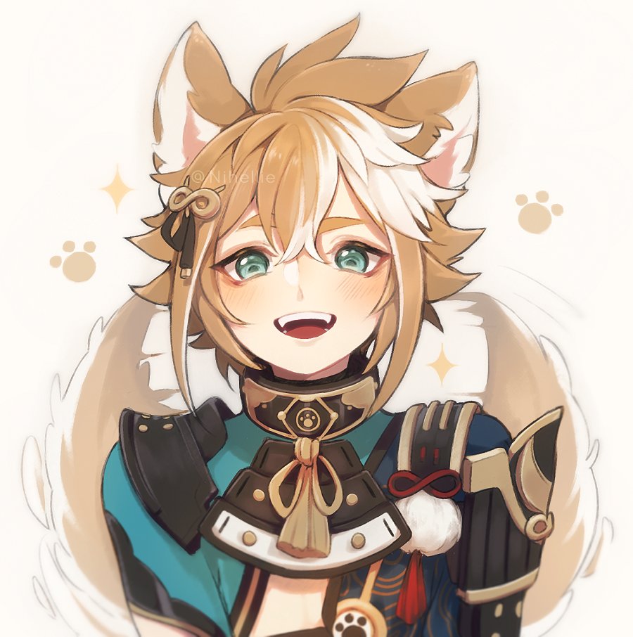 1boy, animal_ears, armor, arms_at_sides, bangs, blue_eyes, blush, dog_ears