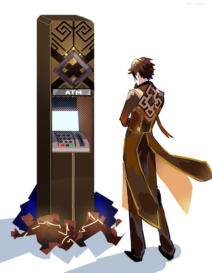 1boy, arm_up, atm, bangs, black_gloves, brown_hair, coattails, english_commentary
