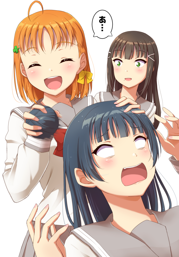 3girls, ahoge, black_hair, blank_eyes, blue_hair, clover, commentary_request, hair_bun