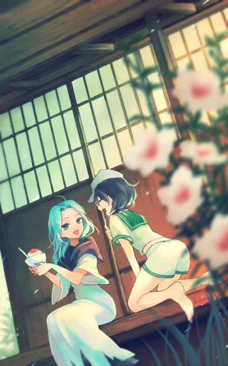 2girls, :d, ahoge, aqua_hair, bangs, barefoot, blue_eyes, blue_hair, blue_hood, blurry, blurry_foreground, blush, bowl, closed_eyes, commentary_request, dress, efxc, eyelashes, flower, food, hat, hood, hood_down, ice_cream, index_finger_raised, kneeling, kumoi_ichirin, leaf, long_hair, looking_at_another, multiple_girls, murasa_minamitsu, nun, open_mouth, pink_flower, sailor_hat, short_hair, short_shorts, short_sleeves, shorts, shouji, sidelocks, sitting, sliding_doors, smile, spoon, sweatdrop, touhou, white_dress, white_headwear, white_shorts, wide_sleeves, wooden_floor