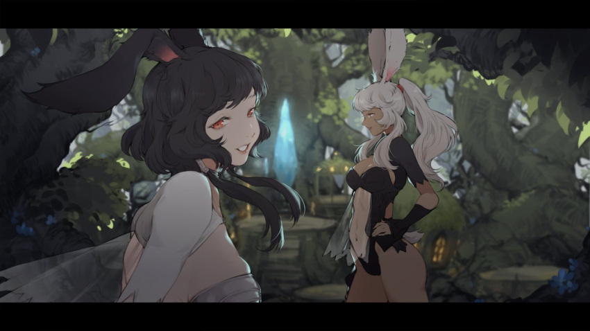 2girls, animal_ears, black_dress, black_hair, blurry, blurry_background, breasts, dmuyaa