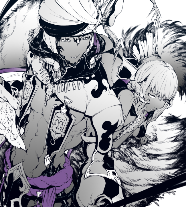 1boy, 1girl, armor, au_ra, bangs, bikini, blurry, dark-skinned_female