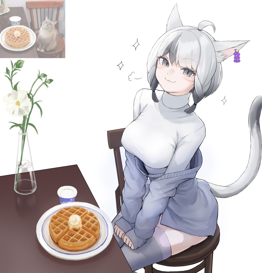 1girl, :3, absurdres, ahoge, animal_ears, avatar_(ffxiv), bangs, braid, breasts, cat, cat_ears, cat_tail, chair, earrings, eyebrows_visible_through_hair, facial_mark, fang, final_fantasy, final_fantasy_xiv, flower, food, grey_eyes, grey_hair, highres, jewelry, looking_at_viewer, medium_breasts, mihato_senba, miqo'te, multicolored_hair, off_shoulder, photo-referenced, reference_inset, short_hair, sitting, skin_fang, slit_pupils, solo, table, tail, thigh-highs, turtleneck, twin_braids, two-tone_hair, vase, waffle, whisker_markings, white_background