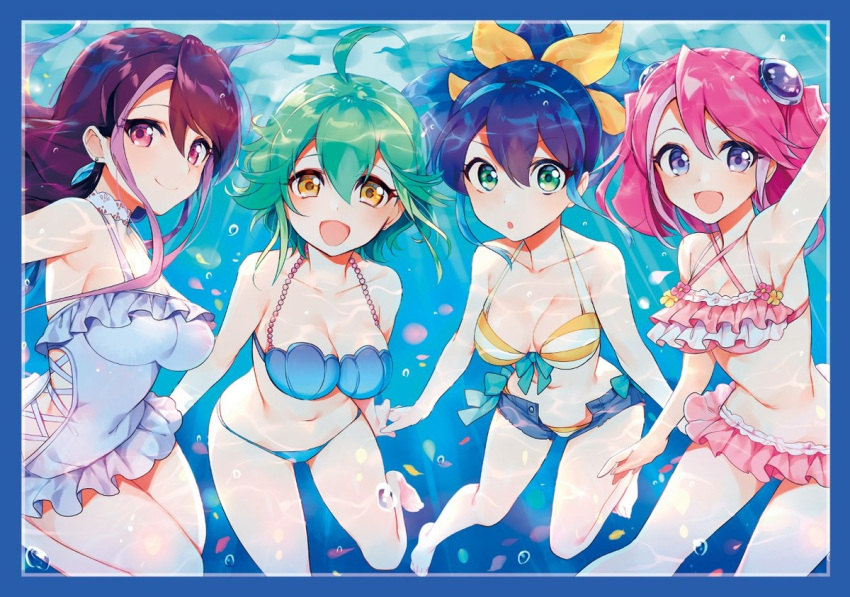 4girls, ahoge, bangs, bikini, bikini_top, blue_eyes, blue_hair, blush