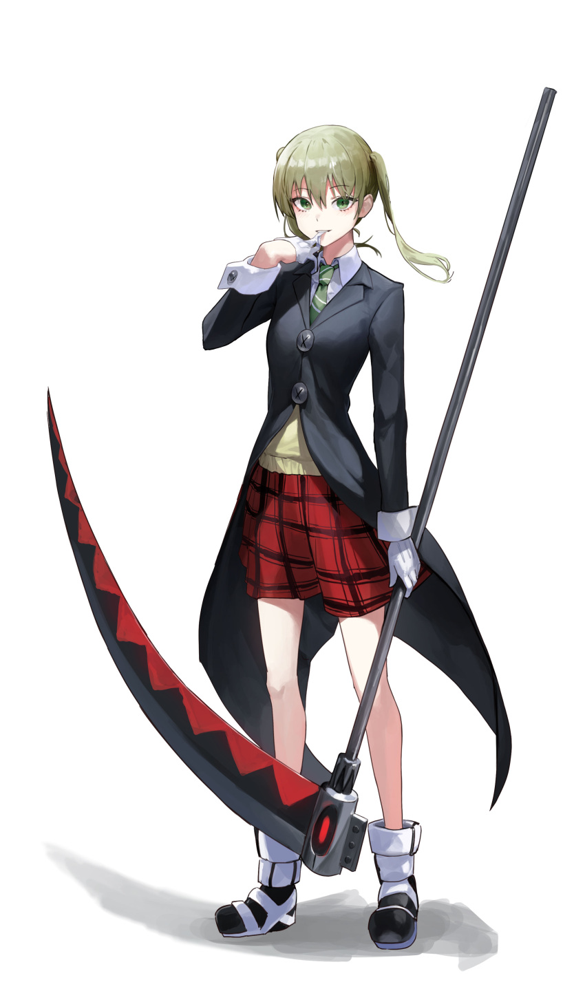 1girl, absurdres, black_coat, black_footwear, boots, coat, collared_shirt, commentary, english_commentary, full_body, glove_in_mouth, gloves, green_eyes, green_hair, green_necktie, highres, holding, holding_scythe, long_hair, long_sleeves, looking_at_viewer, mac_star, maka_albarn, mouth_hold, necktie, plaid, plaid_shorts, red_shorts, school_uniform, scythe, shirt, shorts, simple_background, solo, soul_eater, twintails, white_background, white_footwear, white_gloves