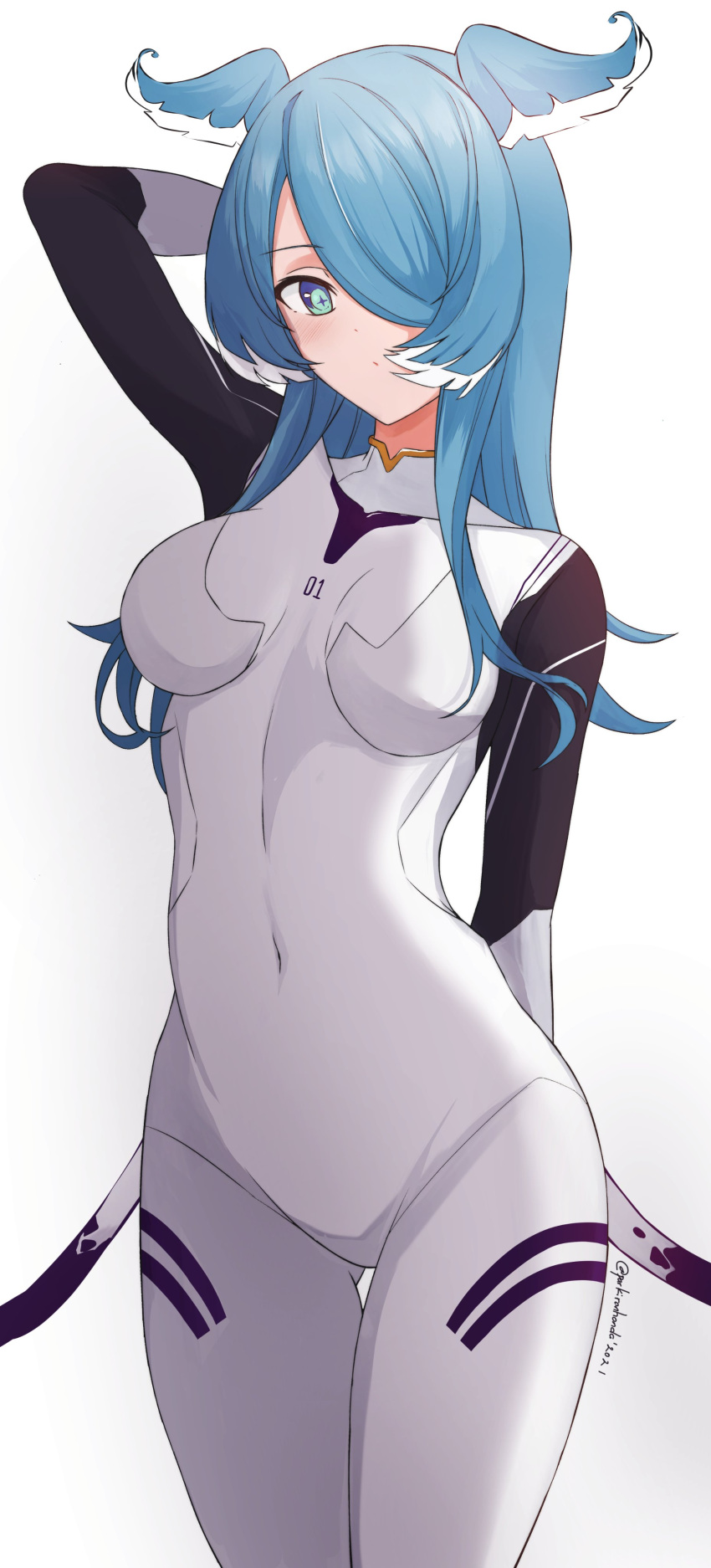 1girl, absurdres, arm_behind_head, ayanami_rei, ayanami_rei_(cosplay), bangs, blue_eyes, blue_hair