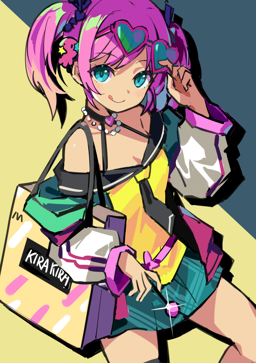 1girl, :p, absurdres, bag, blue_eyes, chinese_commentary, choker, dohna_dohna_issho_ni_warui_koto_o_shiyou