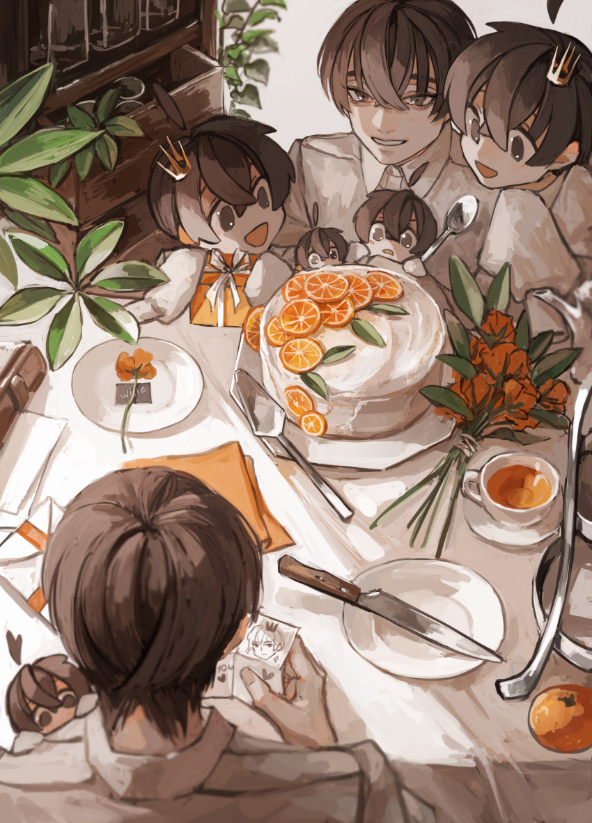 6+boys, absurdres, ahoge, bangs, birthday, bouquet, brown_eyes, brown_hair