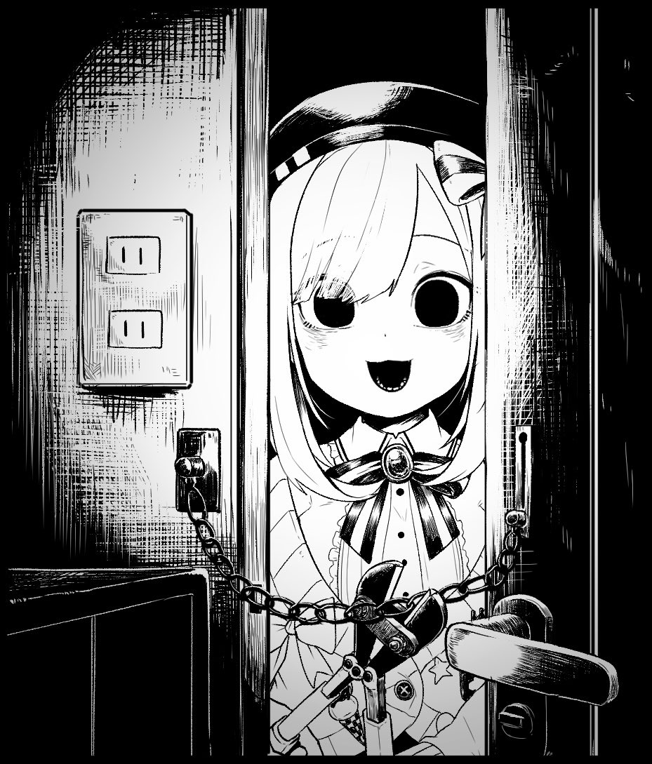 1girl, :d, bangs, beret, bolt_cutters, cardigan, chain, empty_eyes
