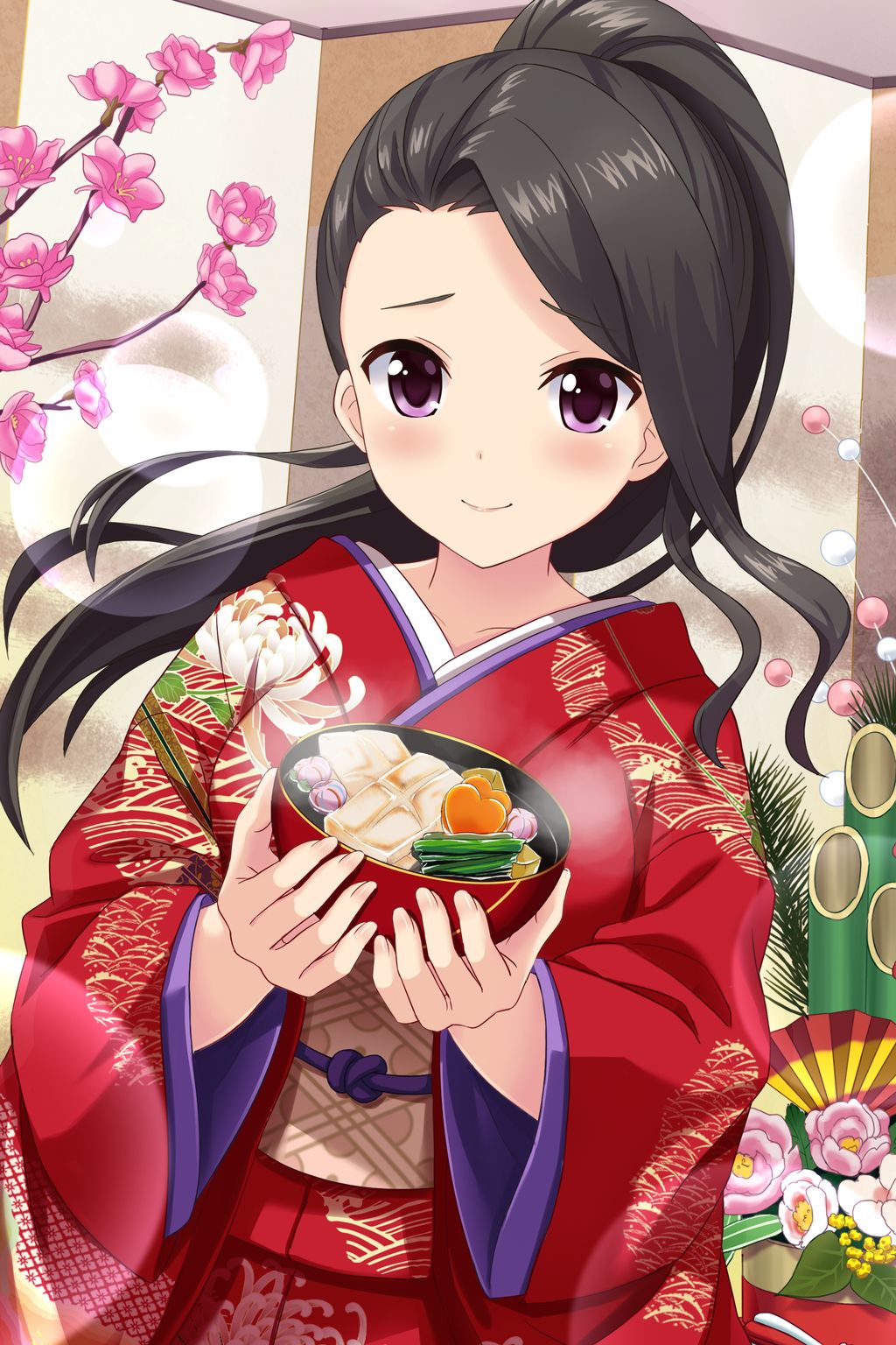 1girl, alternative_girls, black_hair, bowl, closed_mouth, eyebrows_visible_through_hair, floral_print, flower_ornament