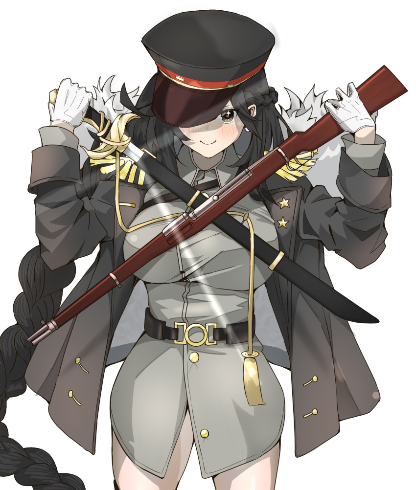 1girl, belt, black_hair, braid, breasts, brown_eyes, coat, cowboy_shot