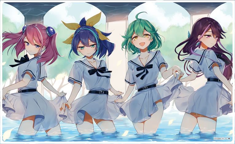 4girls, ahoge, bangs, blue_eyes, blue_hair, blush, bracelet_girls, brown_eyes