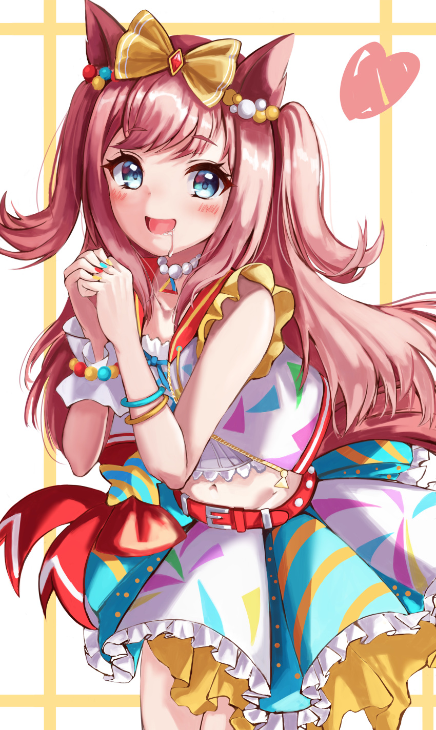 absurdres, agnes_digital_(umamusume), animal_ears, belly, blet, blue_eyes, blush, bow, fingernails, hair_bow, heart, highres, horse_ears, horse_girl, horse_tail, long_hair, looking_at_viewer, midriff, open_mouth, own_hands_together, pink_hair, saliva, simple_background, tail, umamusume, user_yrmv7377
