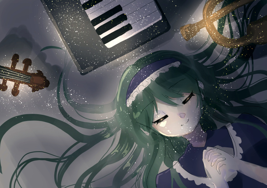 1girl, absurdres, bangs, blue_dress, blue_hairband, closed_eyes, closed_mouth, collared_dress